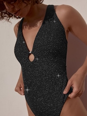 Negro y dorado con brillo - Bañador escotado efecto vientre plano - Imagen 3 de 15