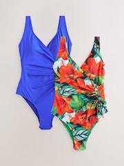 Red Tropical/Blue Tummy Control Wrap Swimsuits 2 Pack - Image 1 of 8