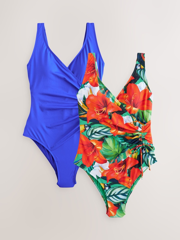 Red Tropical/Blue Tummy Control Wrap Swimsuits 2 Pack - Image 1 of 8