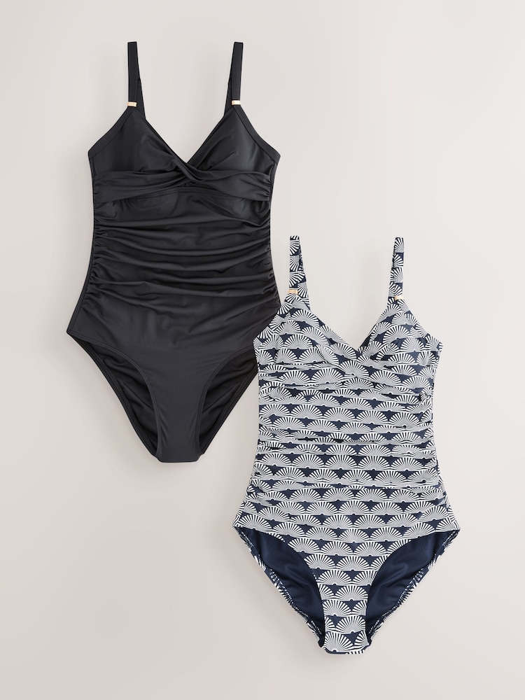 Black/Navy Fan Print - Pack de 2 bañadores con efecto vientre plano - Imagen 1 de 11