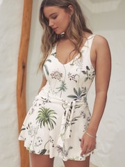Cream/Green Palm Shaping Tummy Control Skirted Swim Dress - Image 2 of 9