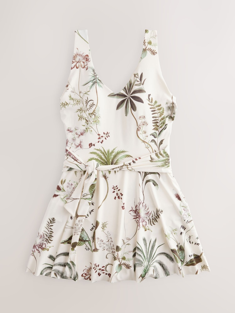 Cream/Green Palm Shaping Tummy Control Skirted Swim Dress - Image 7 of 9