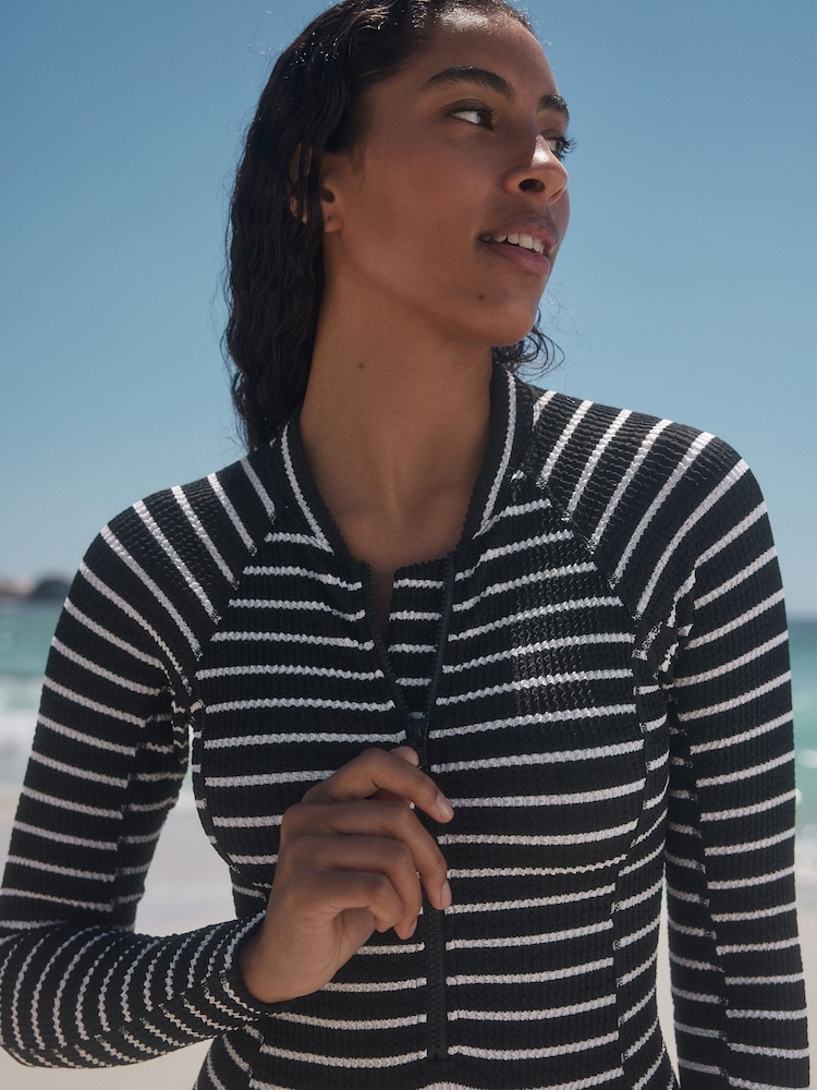 Black/White Stripe Crinkle Long Sleeve Rash Swimsuit - Image 5 of 6