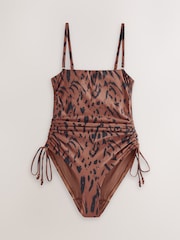 Brown Animal Bandeau Ruched Leg Tummy Control Shaping Swimsuit - Image 6 of 9