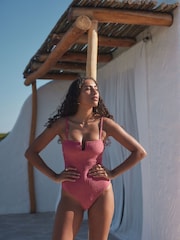 Rose Pink Texture Bandeau Shaping Tummy Control Swimsuit - Image 4 of 10