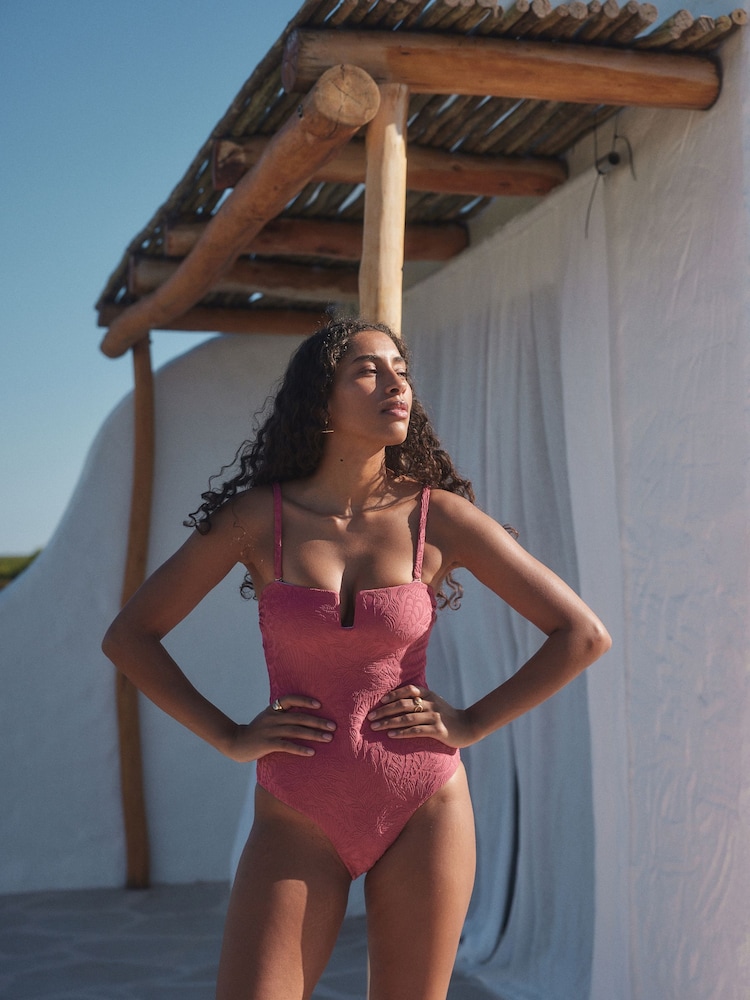 Rose Pink Texture Bandeau Shaping Tummy Control Swimsuit - Image 4 of 10