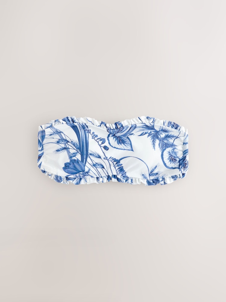 White/Blue Floral Frill Bandeau Bikini Top - Image 8 of 10