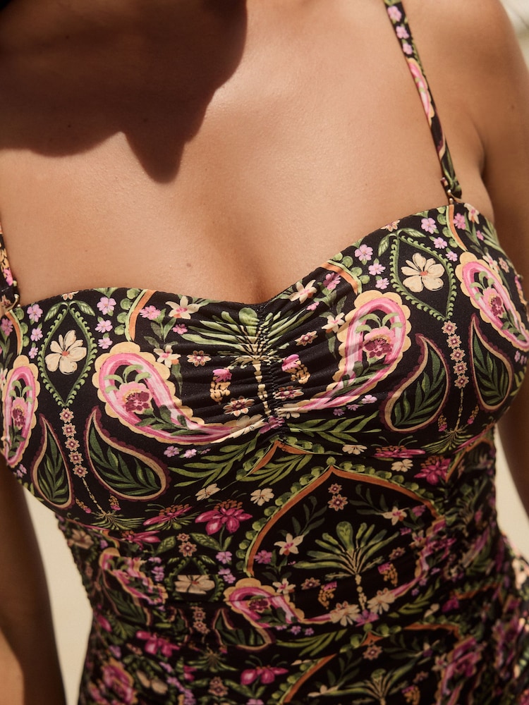 Noir/Rose motif cachemire - Maillot de bain bandeau façonnant le ventre - Image 4 of 9