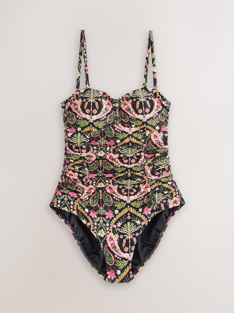 Noir/Rose motif cachemire - Maillot de bain bandeau façonnant le ventre - Image 6 of 9