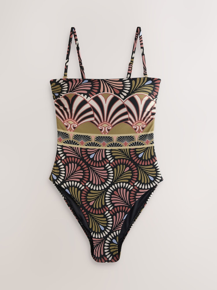 Pink/Green Art Deco Paisley Bandeau Tummy Control Swimsuit - Image 9 of 9