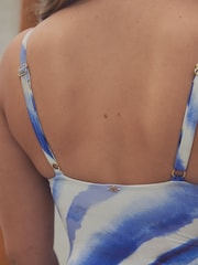 Cream/Blue Tie Dye - Plaited Belt Tummy Control Plunge Wrap Swimsuit - Imagen 4 de 7
