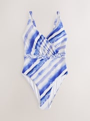 Cream/Blue Tie Dye - Plaited Belt Tummy Control Plunge Wrap Swimsuit - Imagen 6 de 7