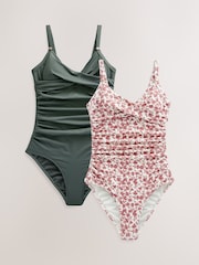Pink Ditsy Floral, Khaki Tummy Control Swimsuits 2 Pack - Image 1 of 6