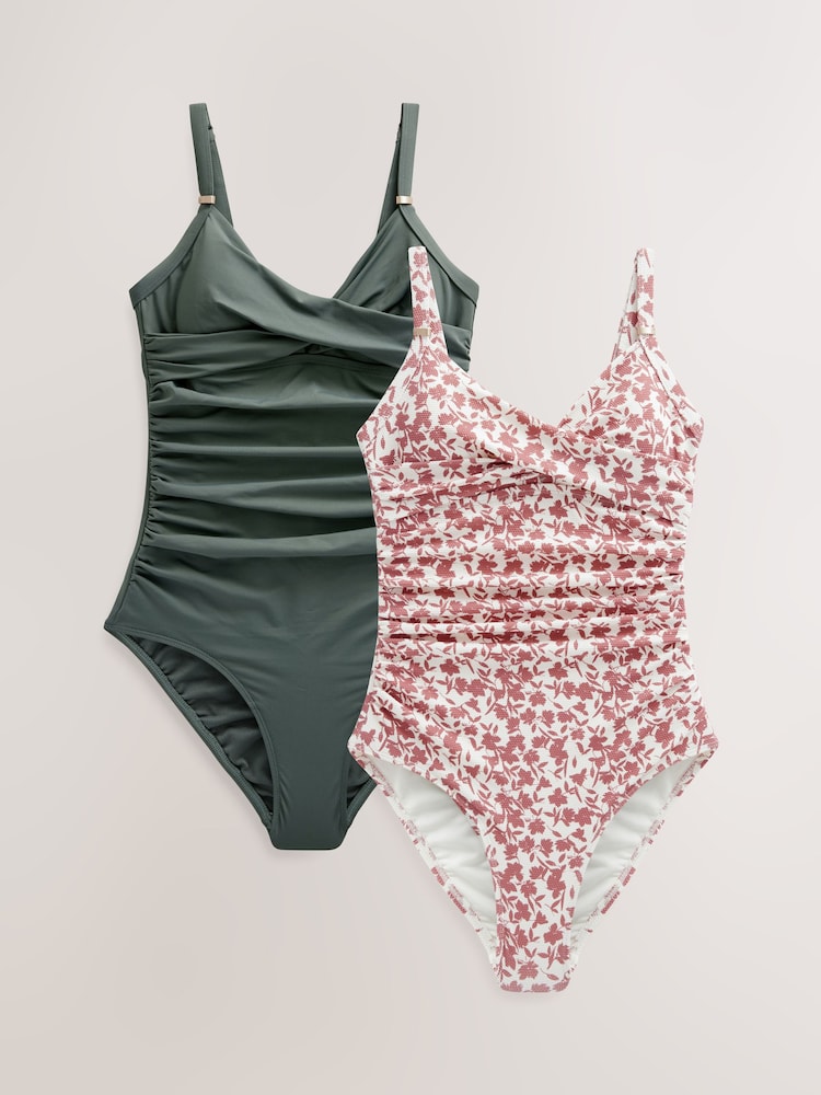Pink Ditsy Floral, Khaki Tummy Control Swimsuits 2 Pack - Image 1 of 6