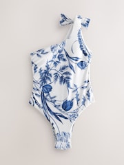 White/Blue Floral One Shoulder Bow Tummy Control Swimsuit - Image 5 of 7