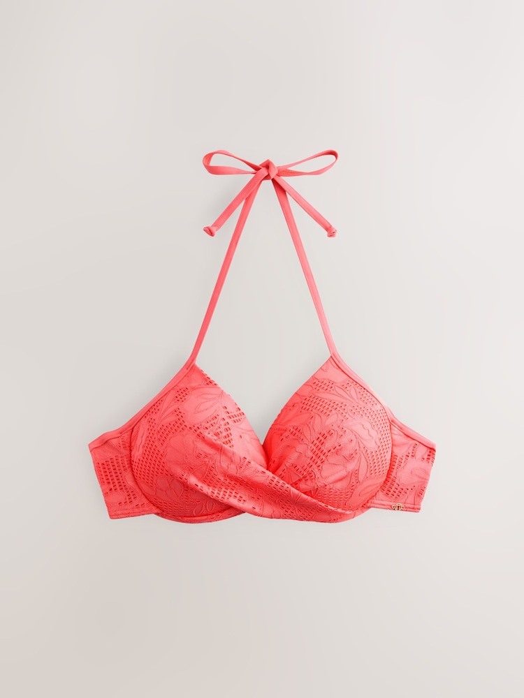 Dentelle rose corail - Haut de bikini rembourré plongeant avec armatures rembourré - Image 7 of 8