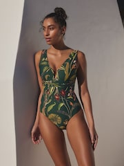 Dark Green Floral Plunge Shaping Tummy Control Swimsuit - Image 1 of 7