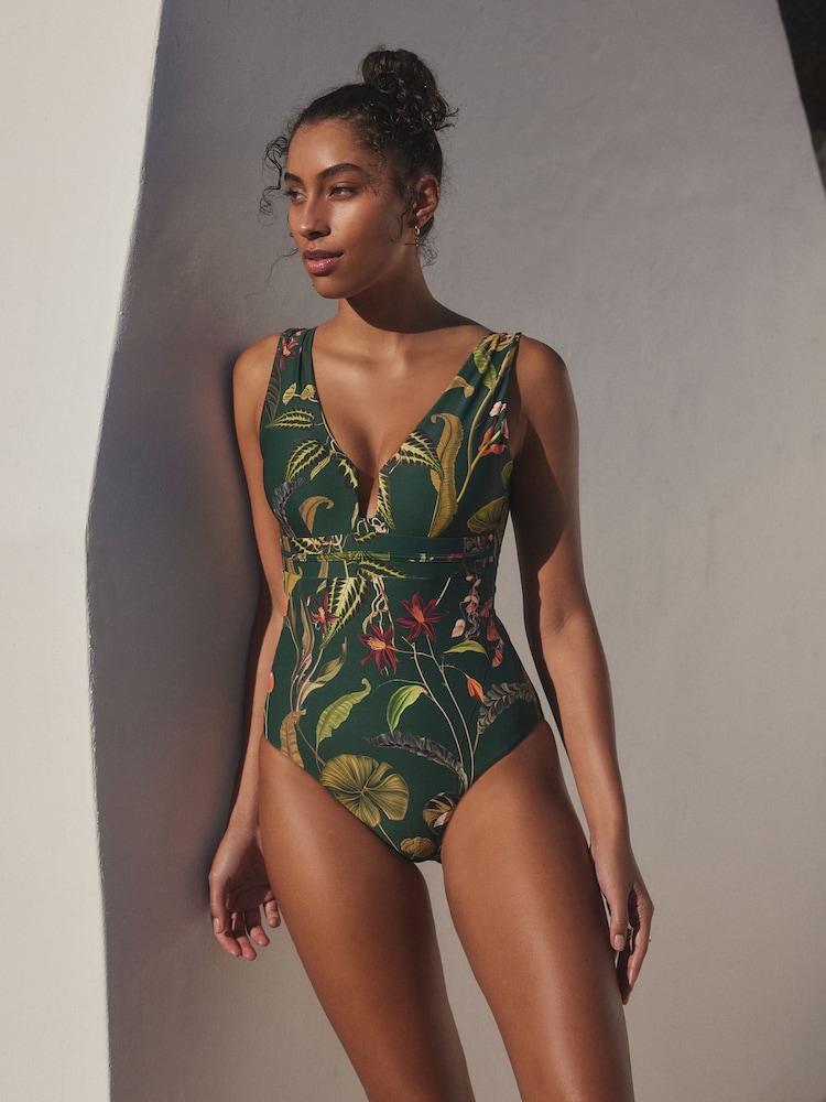 Dark Green Floral Plunge Shaping Tummy Control Swimsuit - Image 1 of 7