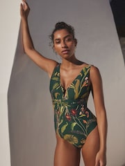 Dark Green Floral Plunge Shaping Tummy Control Swimsuit - Image 2 of 7