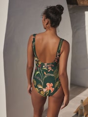 Dark Green Floral Plunge Shaping Tummy Control Swimsuit - Image 3 of 7