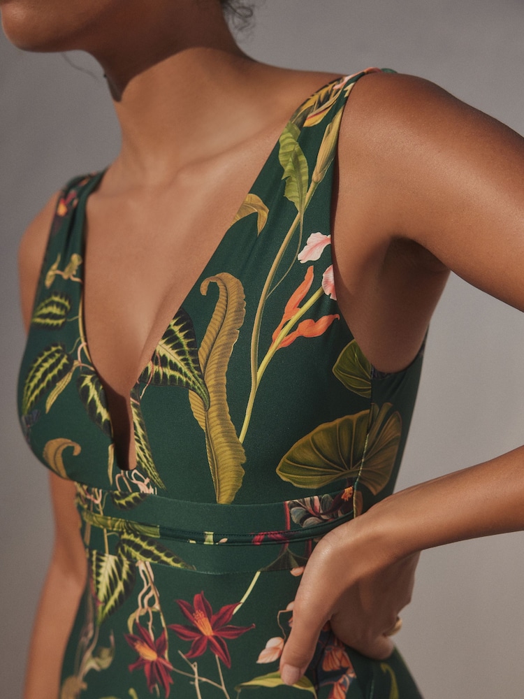 Dark Green Floral Plunge Shaping Tummy Control Swimsuit - Image 5 of 7