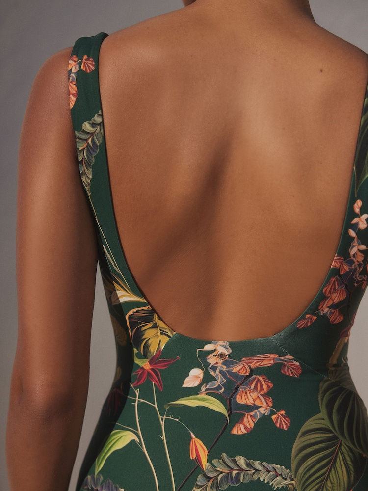 Dark Green Floral Plunge Shaping Tummy Control Swimsuit - Image 6 of 7
