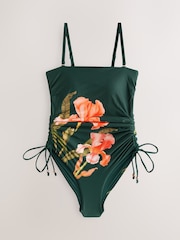 Green/Coral Floral Bandeau Ruched Leg Tummy Control Shaping Swimsuit - Image 7 of 9