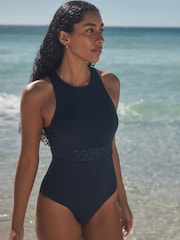 Navy Blue High Neck Lattice Tummy Control Swimsuit - Image 1 of 9