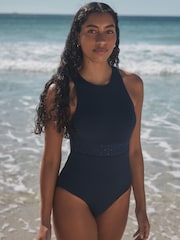 Navy Blue High Neck Lattice Tummy Control Swimsuit - Image 2 of 9