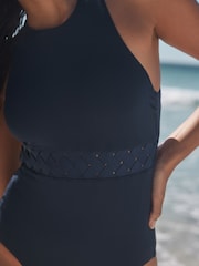 Navy Blue High Neck Lattice Tummy Control Swimsuit - Image 6 of 9
