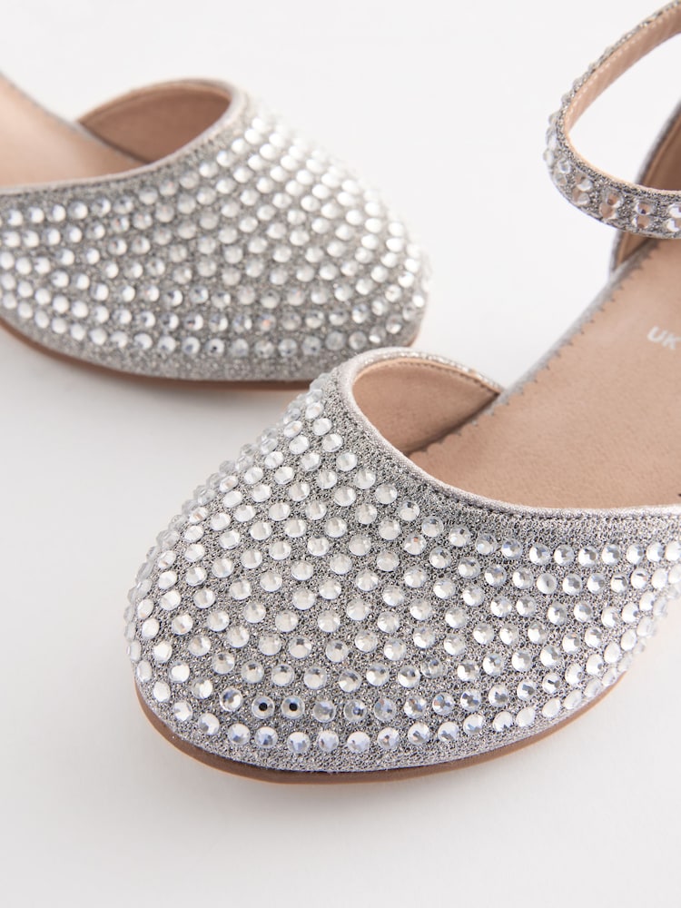Silver Jewelled Occasion Ankle Strap Low Heel Shoes - Image 3 of 5
