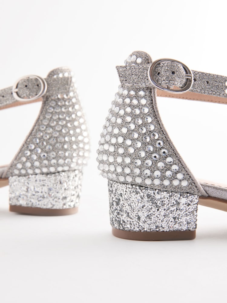 Silver Jewelled Occasion Ankle Strap Low Heel Shoes - Image 4 of 5