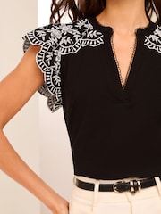 Lipsy Black Embroidered Shoulder Jersey Ruffle Blouse - Image 3 of 4