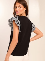 Lipsy Black Embroidered Shoulder Jersey Ruffle Blouse - Image 4 of 4