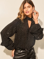 Lipsy Black Chiffon Burnout Keyhole Blouse - Image 1 of 4