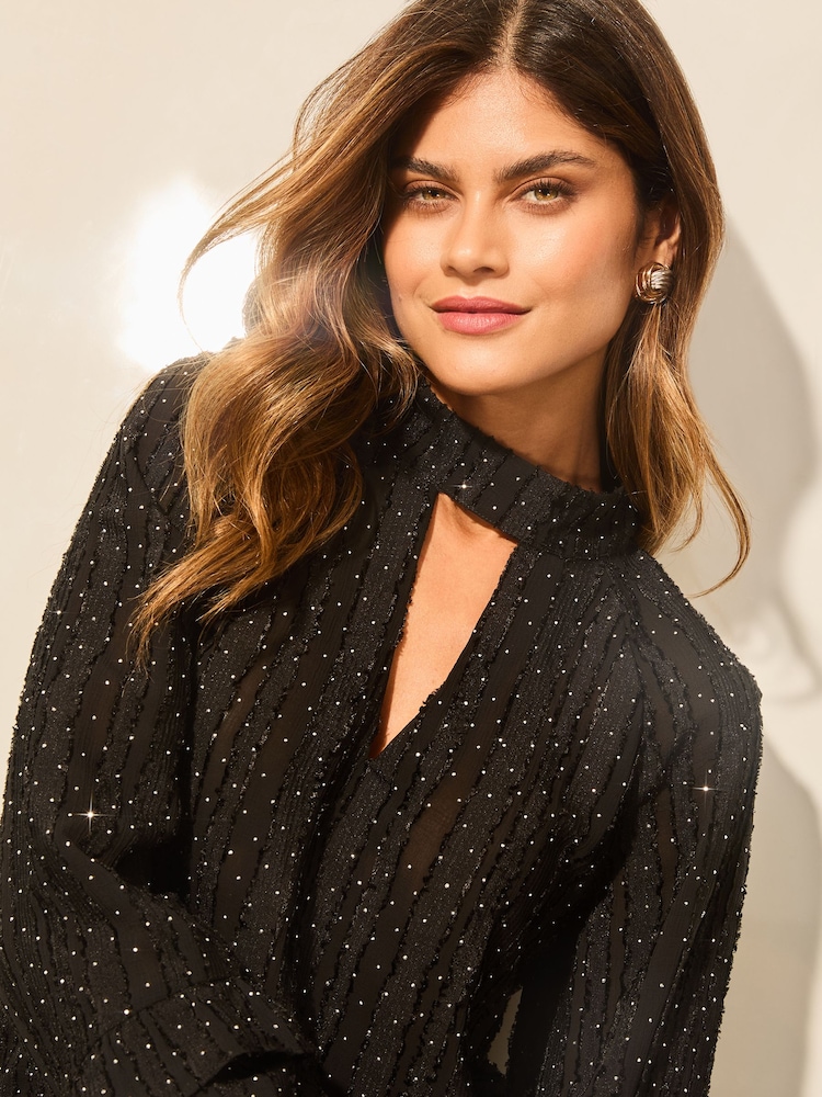 Lipsy Black Chiffon Burnout Keyhole Blouse - Image 2 of 4 Lipsy Black Chiffon Burnout Keyhole Blouse - Image 2 of 4
