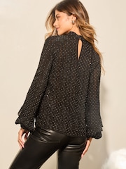 Lipsy Black Chiffon Burnout Keyhole Blouse - Image 4 of 4