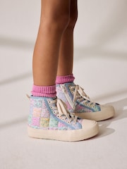 Blue Floral Quilted Lace-Up High Top Trainers - Image 1 of 13