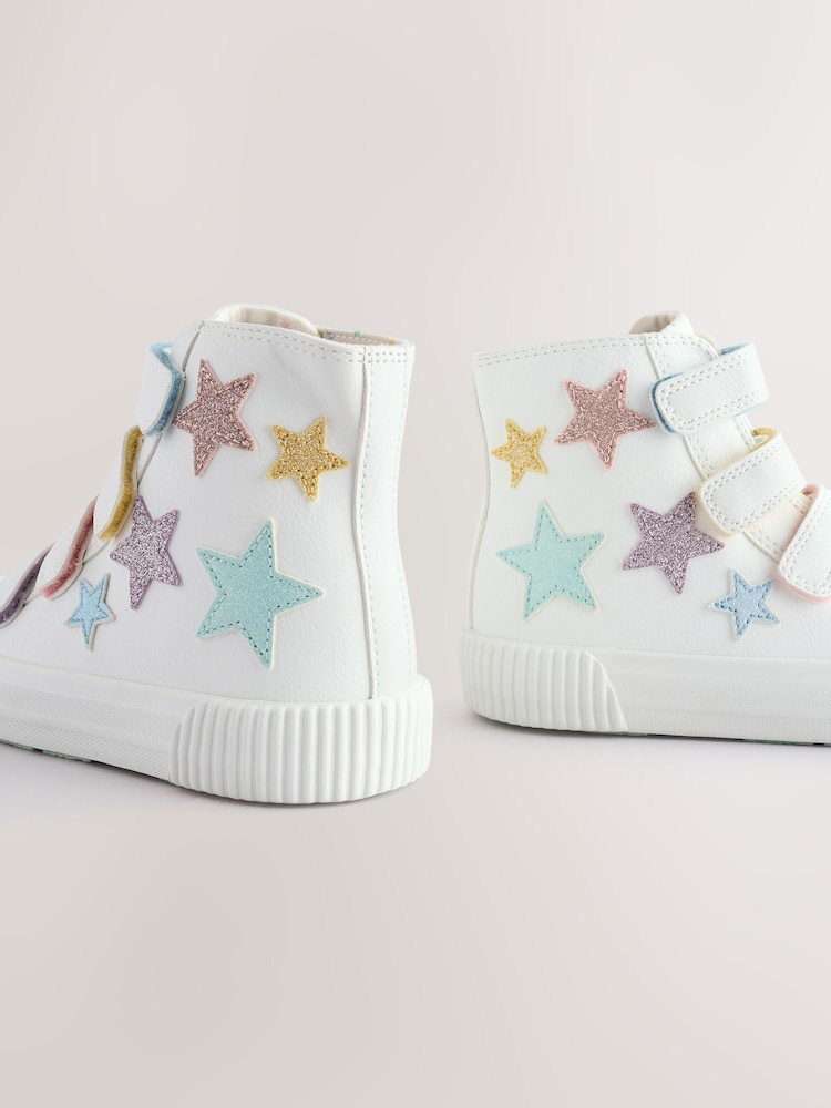 White Glitter Stars Wide Fit (G) High Top Trainers with Touch Close Fastening - Image 6 of 6