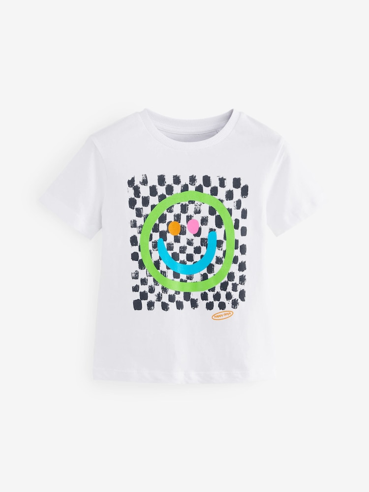 White Smile Check Box Short Sleeve 100% Cotton T-Shirt - Image 1 of 1