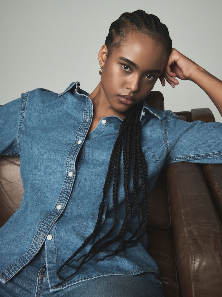 Mittelblau - Fuller Bust Waist Cinch 100% Cotton Shirt - Image 1 of 8