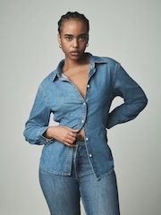 Mittelblau - Fuller Bust Waist Cinch 100% Cotton Shirt - Image 2 of 8