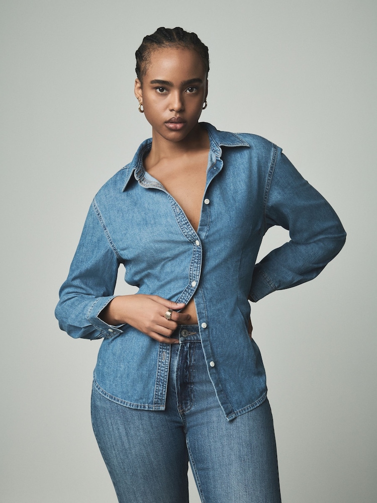 Mittelblau - Fuller Bust Waist Cinch 100% Cotton Shirt - Image 2 of 8