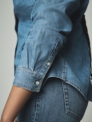 Mittelblau - Fuller Bust Waist Cinch 100% Cotton Shirt - Image 4 of 8
