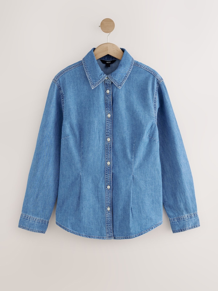 Mittelblau - Fuller Bust Waist Cinch 100% Cotton Shirt - Image 5 of 8