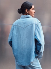 Azul medio con patchwork - Oversize Denim 100% Cotton Shirt - Imagen 2 de 9