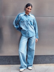 Azul medio con patchwork - Oversize Denim 100% Cotton Shirt - Imagen 3 de 9