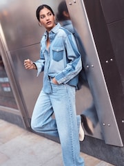 Azul medio con patchwork - Oversize Denim 100% Cotton Shirt - Imagen 5 de 9