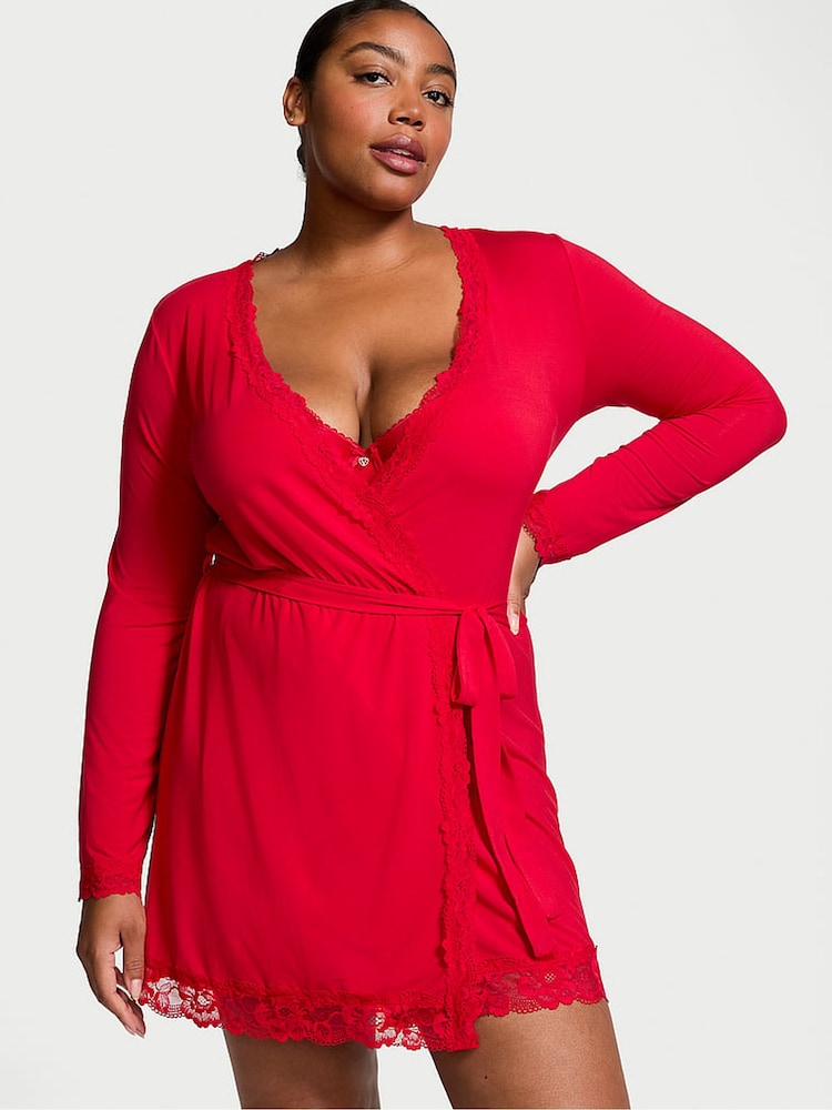 Victoria's Secret Lipstick Red Modal Lace Trim Robe - Image 1 of 3