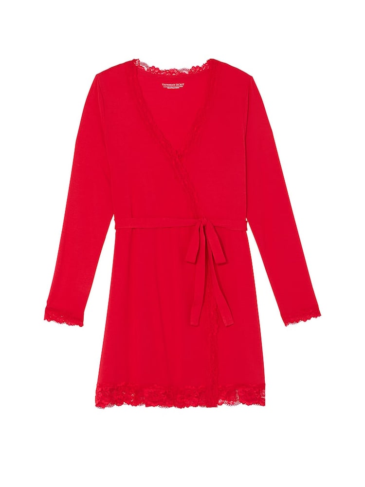 Victoria's Secret Lipstick Red Modal Lace Trim Robe - Image 3 of 3